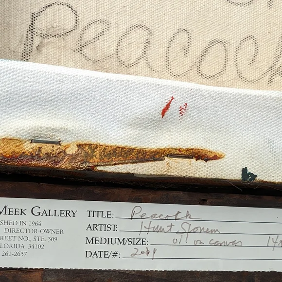 Oil on canvas peacock painting by Hunt Slonem. 11" x 14". Painted 2011. - Picture 12 of 15